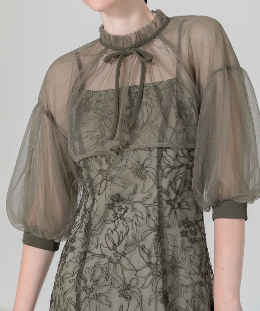 パフスリーブシアーボレロ刺繍マーメイドシルエットキャミワンピースセットアップ