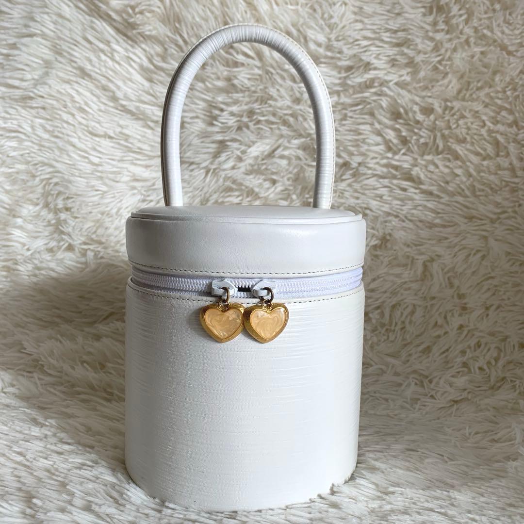 ハナエモリ 円柱型 ハンドバッグ パーティバッグ ホワイト　本革