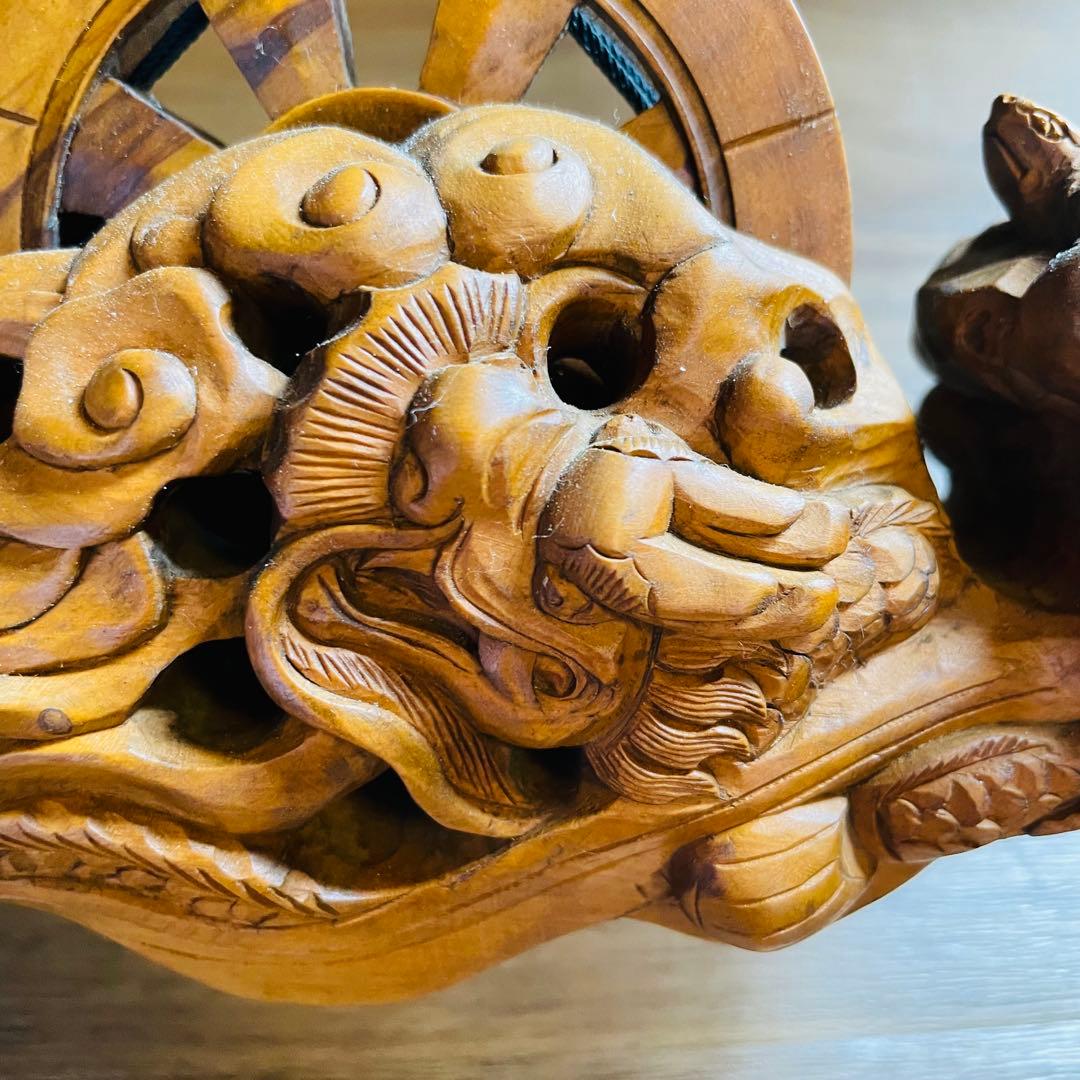 墨壺 墨つぼ 270mm 鶴 亀 龍 魚 寿 木彫 彫刻 大工道具 置物