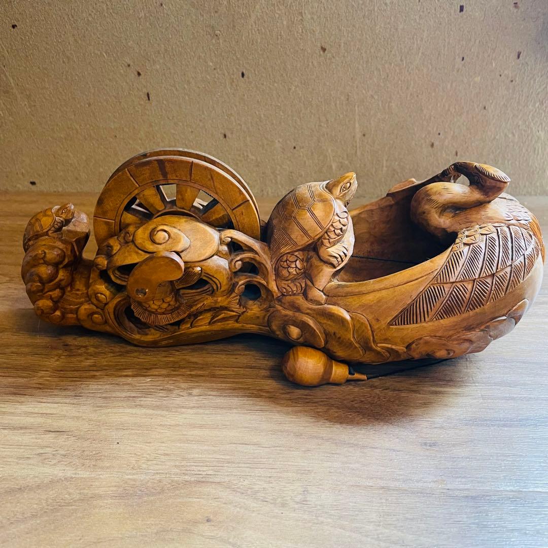 墨壺 墨つぼ 270mm 鶴 亀 龍 魚 寿 木彫 彫刻 大工道具 置物