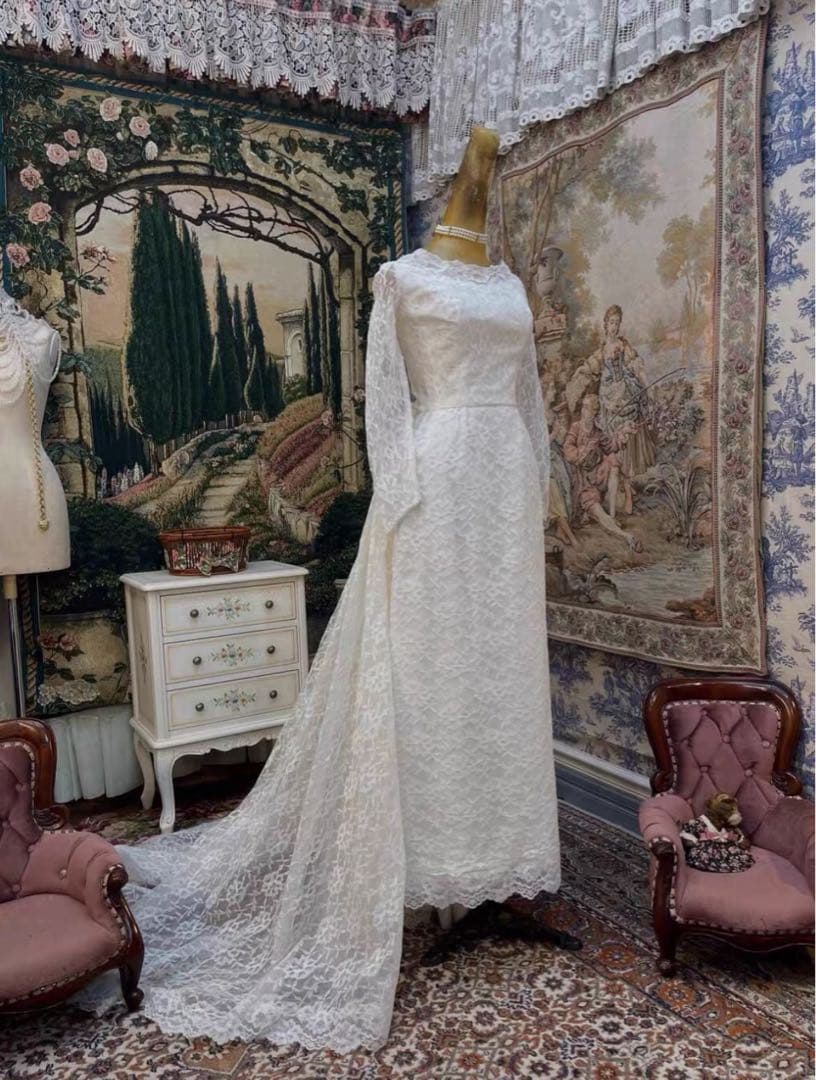 アメリカ産1970sホワイトレースウェディングドレス 花嫁