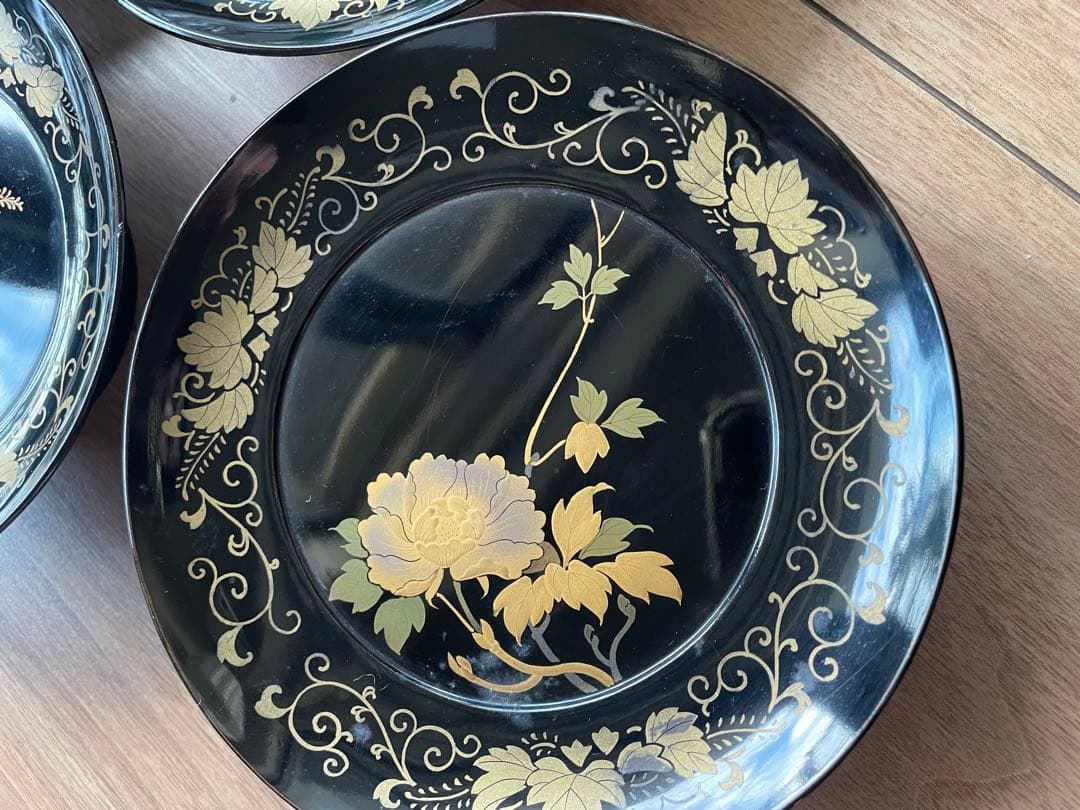 輪島塗　沈金　蒔絵　金蒔絵　菓子皿　茶道具　アンティーク　絵替わり　5客