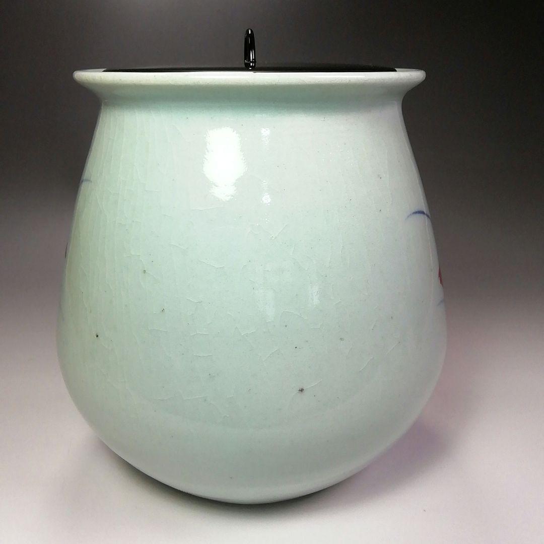 Ｓ３７３　水指　『廣州窯』『花草紋』『塗蓋』　共箱　茶道具