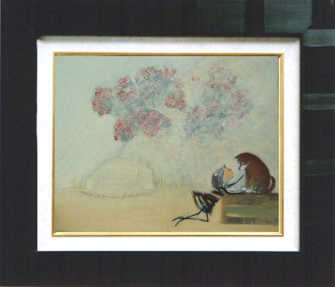 油絵 菅家令子 絵 絵画インテリア額付(黒) uF6-071619 子犬と女の子