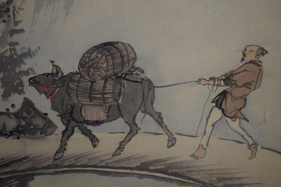 真作/景文/牛に人物宴図/農耕図/布袋屋掛軸HI-56