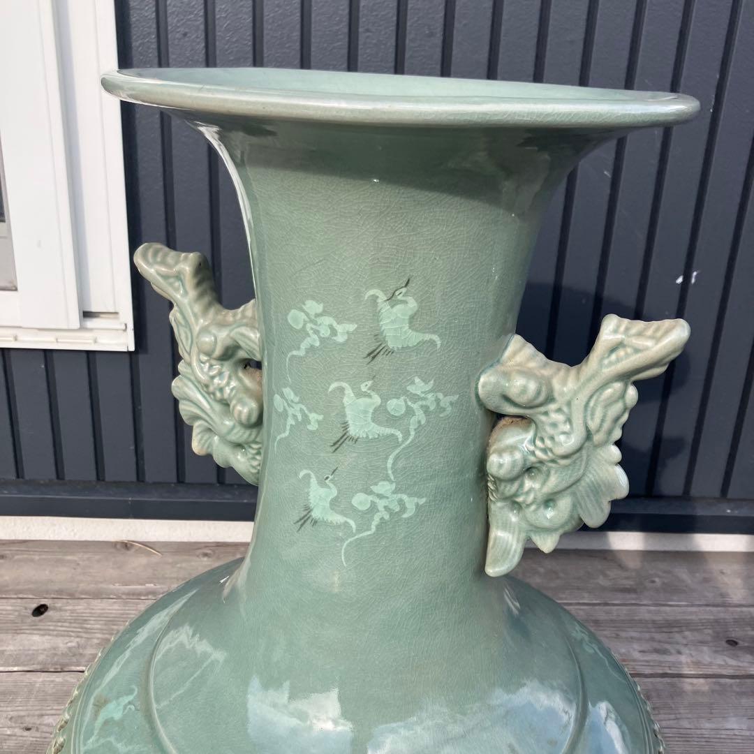 青山作 特大壺 高麗青磁 透かし 雲鶴紋 二層網目 花瓶 網目彫 緑色 双耳大型