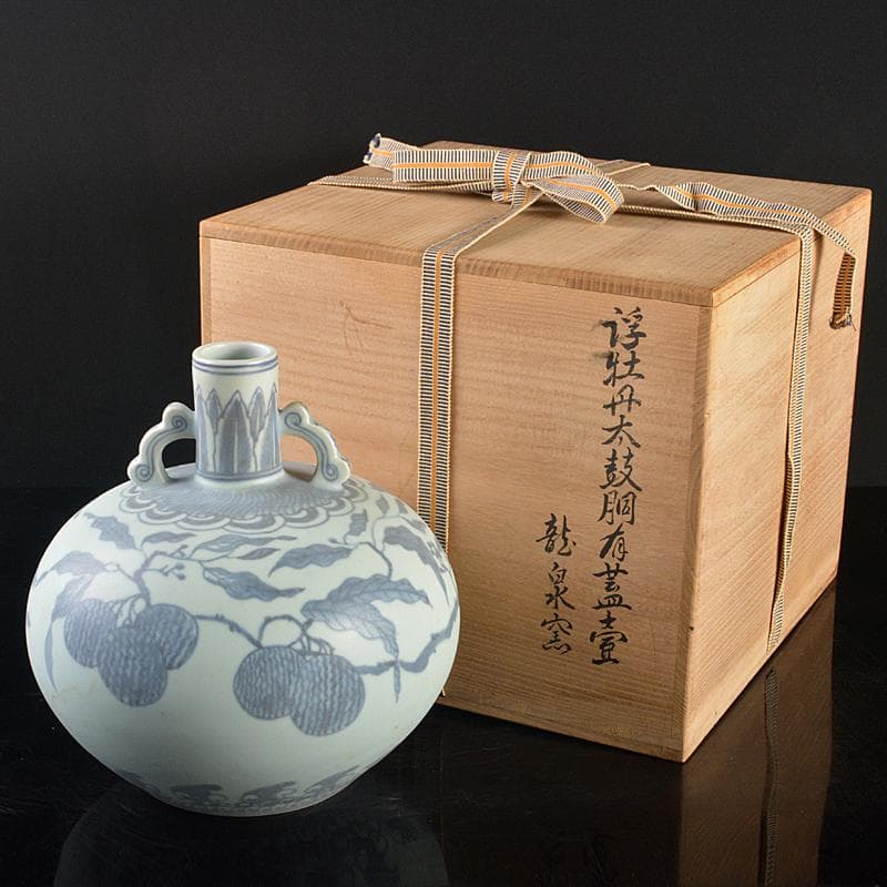 中国　青花　果実文　双耳天球瓶　合わせ箱付　M　R5232B