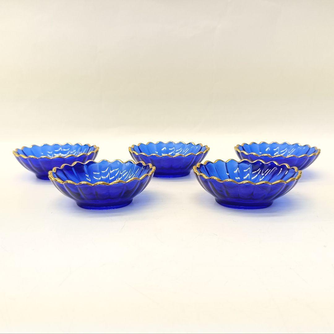 【保管品】天金 菊小判 のぞき 洗鉢 ルリ 瑠璃ガラス 各5客 箱入