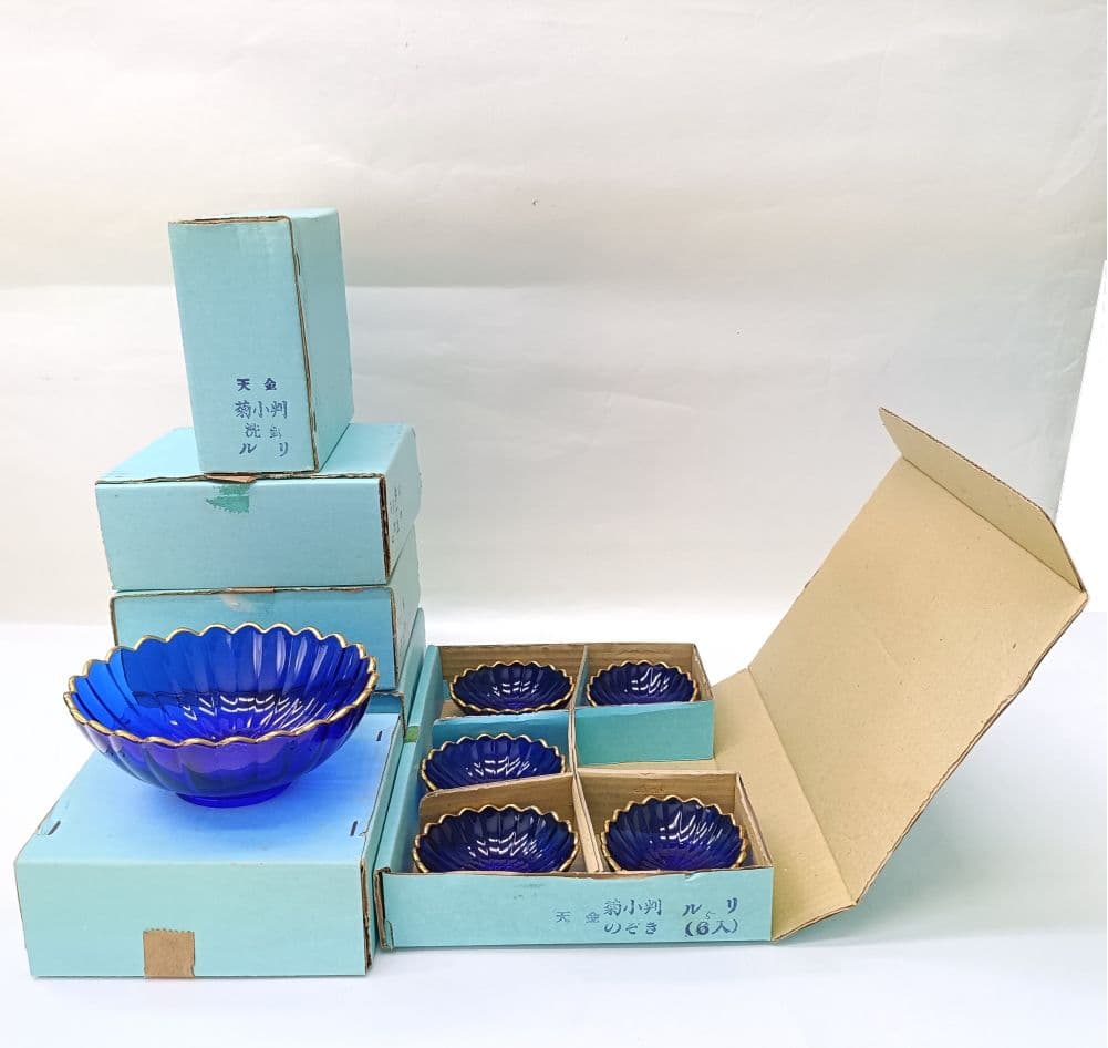 【保管品】天金 菊小判 のぞき 洗鉢 ルリ 瑠璃ガラス 各5客 箱入