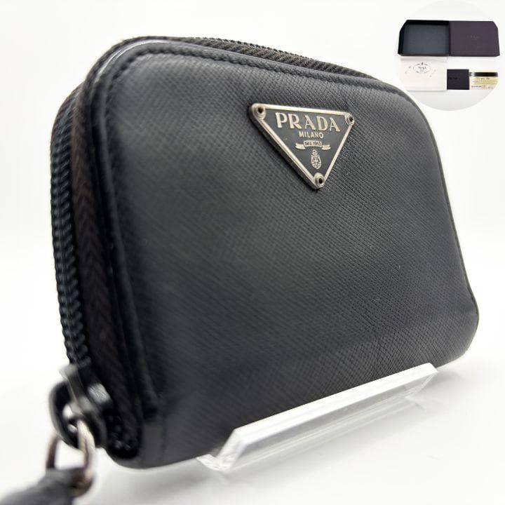 付属品完備✨️プラダ ラウンドファスナーケース 黒 三角ロゴ サフィアーノ