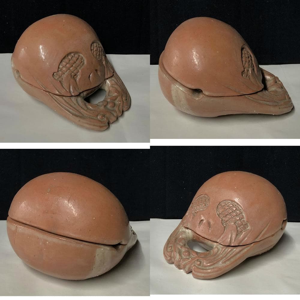 e1091 赤楽 木魚香合 在銘 共箱 香合 茶道具