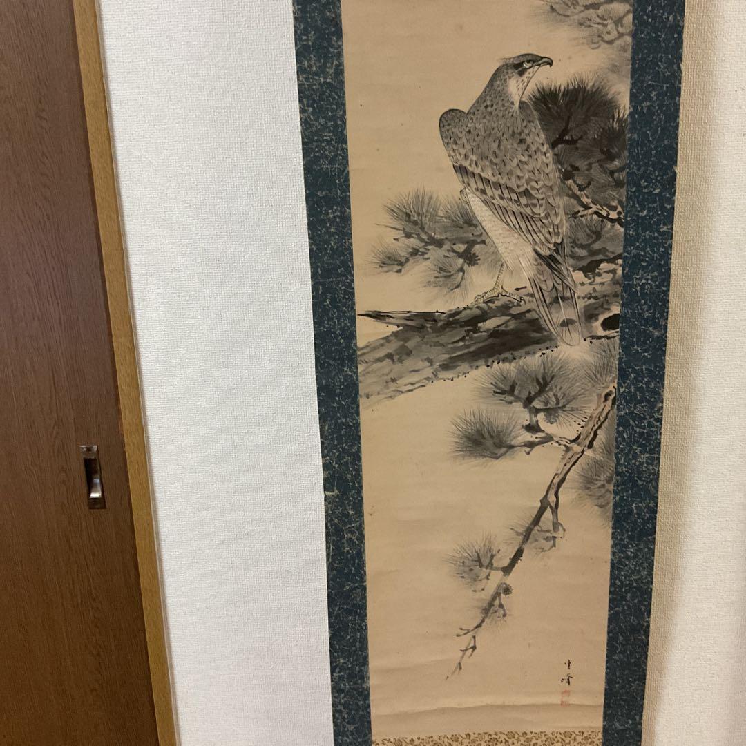松上鷹図 紙本淡彩水墨画 落款印譜在（生峰）紙表装 軸先 紫檀
