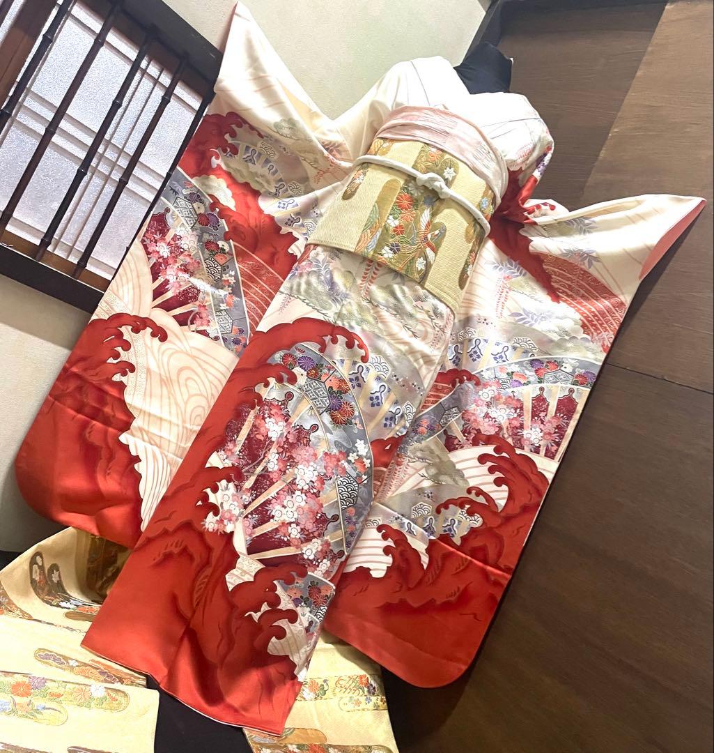 振袖 フルセット6点サイズM〜Ｌ駒刺繍　片輪車吉祥花文　金銀彩　正絹