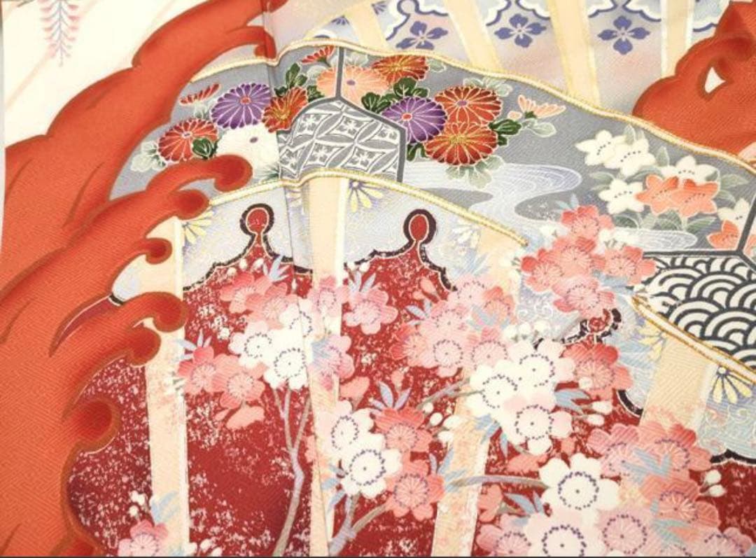 振袖 フルセット6点サイズM〜Ｌ駒刺繍　片輪車吉祥花文　金銀彩　正絹