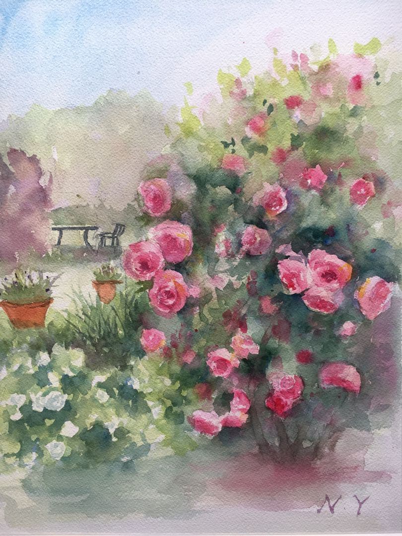 透明水彩画原画夢見るローズガーデン
