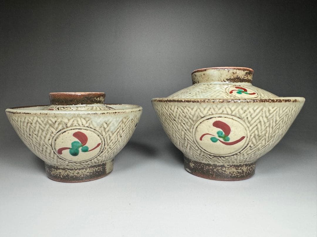 人間国宝 島岡達三 作 象嵌赤絵草花文夫婦飯碗 共箱 象嵌 赤絵 夫婦 茶碗