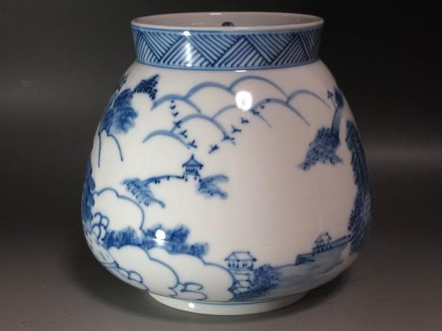 ★　加藤藤城　染付近江八景絵水指　久田流十二代尋牛斎の花押がございます★x384