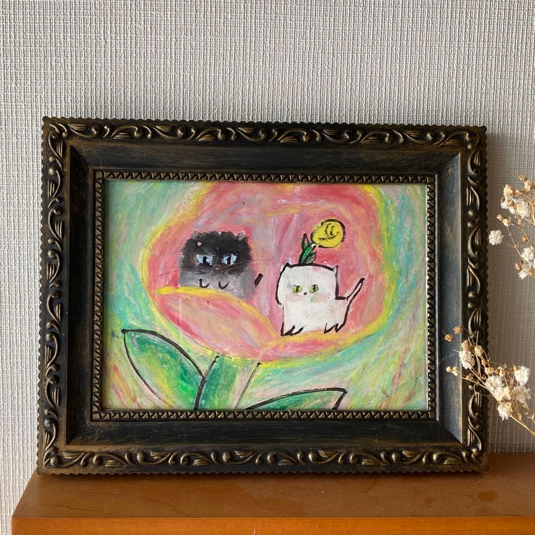 絵画。原画【2匹のかわいい猫がピンクの花の中で花の香りを感じている】