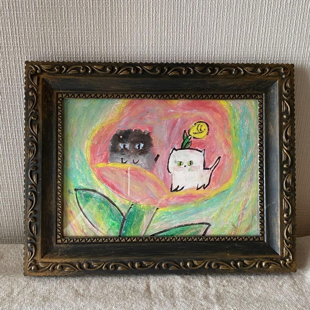 絵画。原画【2匹のかわいい猫がピンクの花の中で花の香りを感じている】