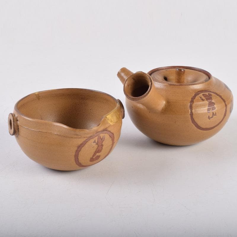 佐渡無名異焼　常山焼　三浦常山造　茶葉釉椿画　茶器揃　共箱　M　R9003