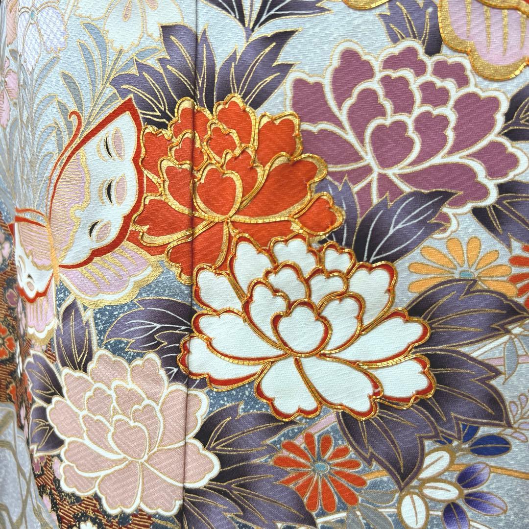 375 振袖フルセット 正絹 ブルーグレー 灰青 金彩 駒刺繍 三越 高級 上品