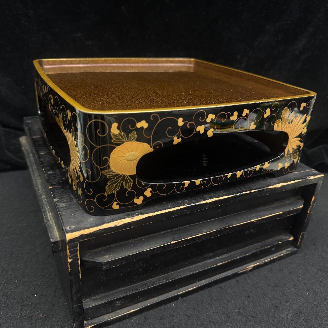 茶道具 金彩菊花蒔絵 重台 四方盆　共箱