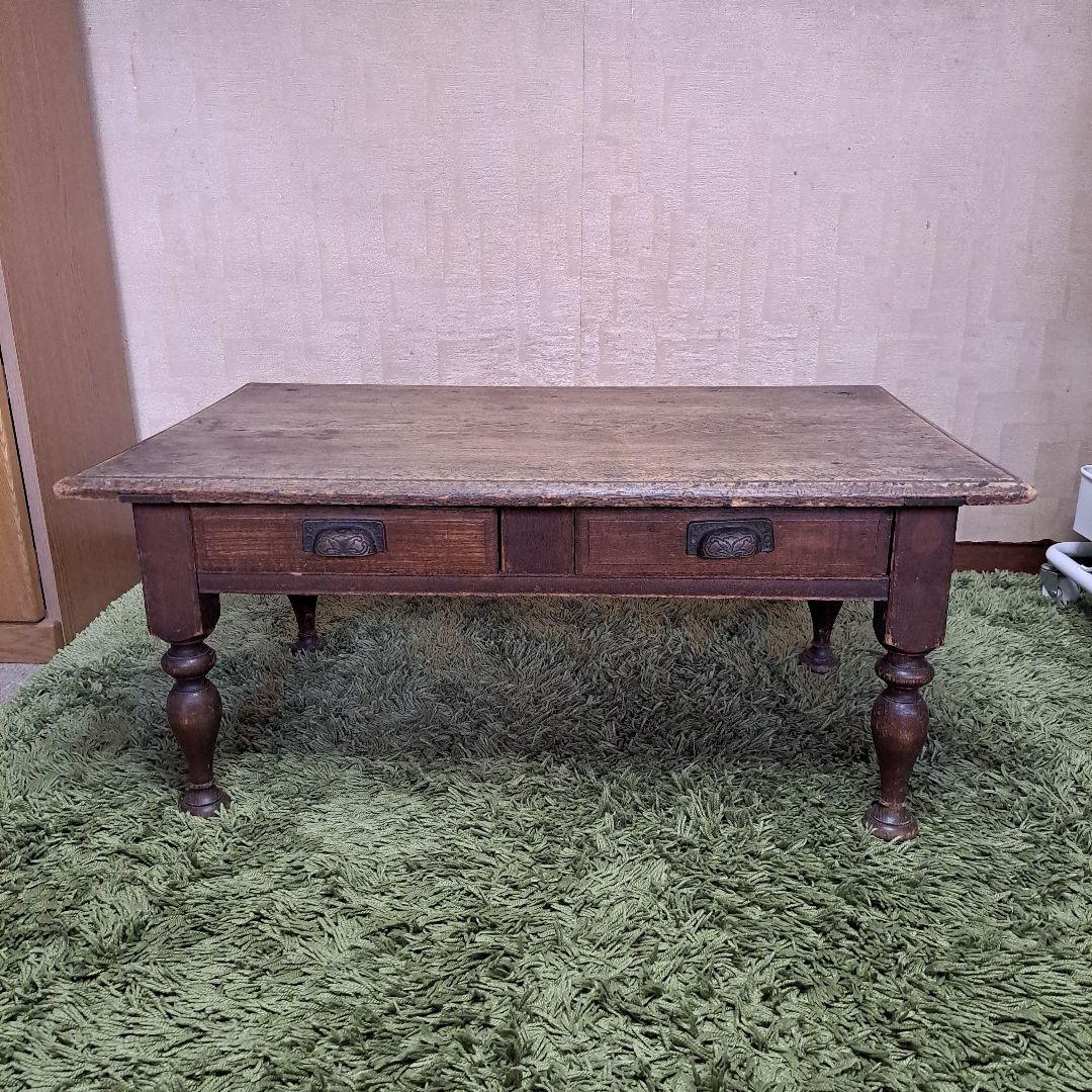 昭和レトロ　ヴィンテージ　木製　文机　飾り台　天板一枚板　ろくろ脚