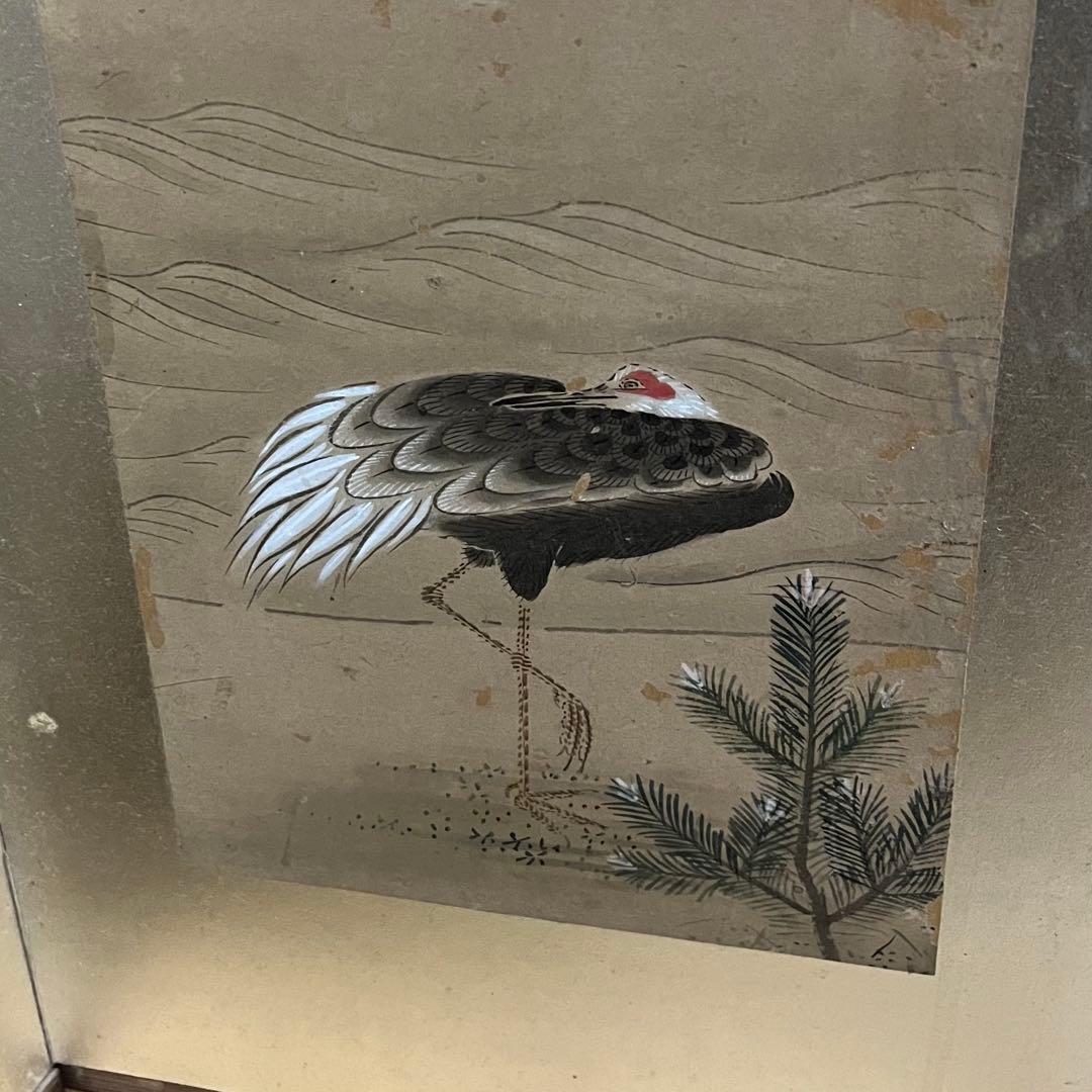 小型屏風/鶴と松/手描き屏風/6曲1双