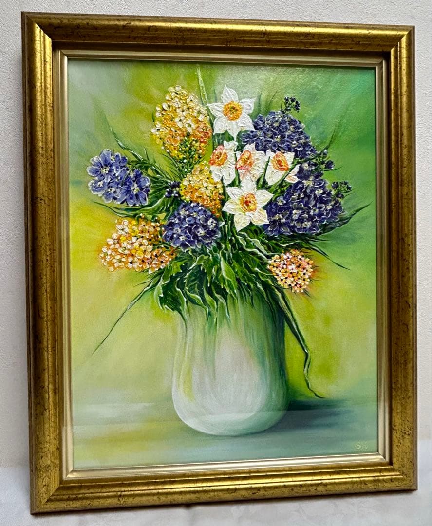 新しい一日 油彩 油画 SH16 R6 F6  (菜の花・水仙・ビオラ)
