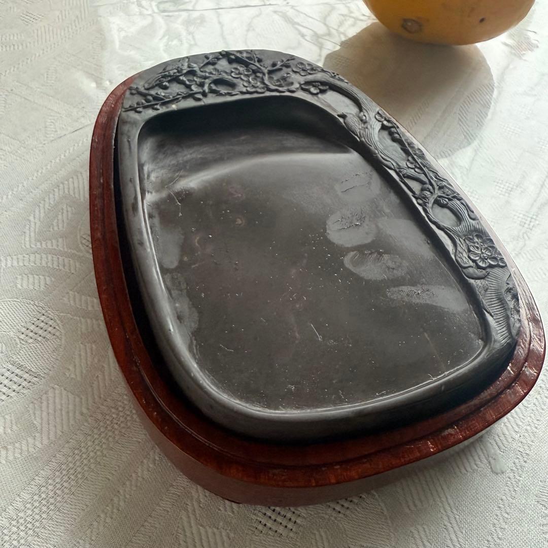 超限定出品18日20時‼️旧家蔵出端渓硯『梅雀陽刻硯』」唐木箱と蓋証明書付1点⑤