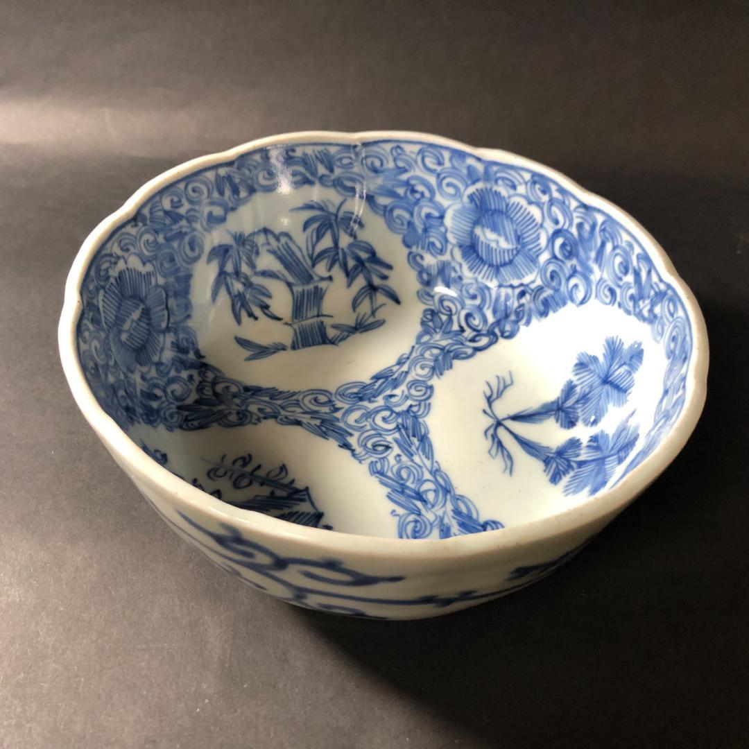 古伊万里　染付　微塵文様に丸文松竹梅文様　六寸鉢　輪花鉢　盛鉢