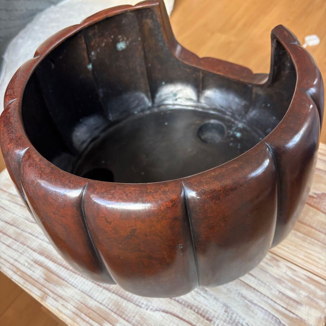 斑紫銅製 阿古陀形三足風櫨 瓶掛 面取風炉 天下一瑞彫人 茶道 茶道具 古道具