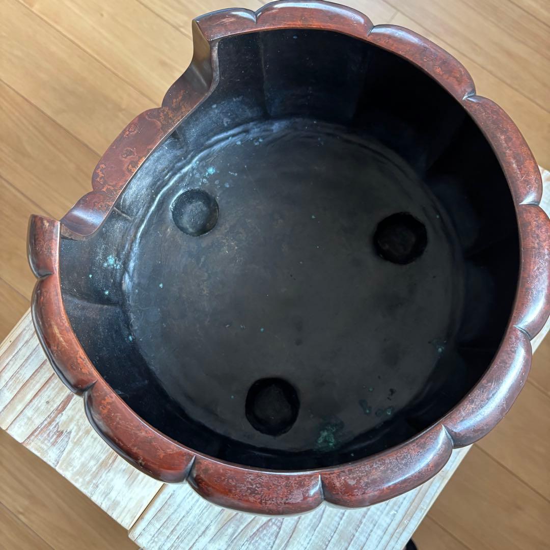 斑紫銅製 阿古陀形三足風櫨 瓶掛 面取風炉 天下一瑞彫人 茶道 茶道具 古道具