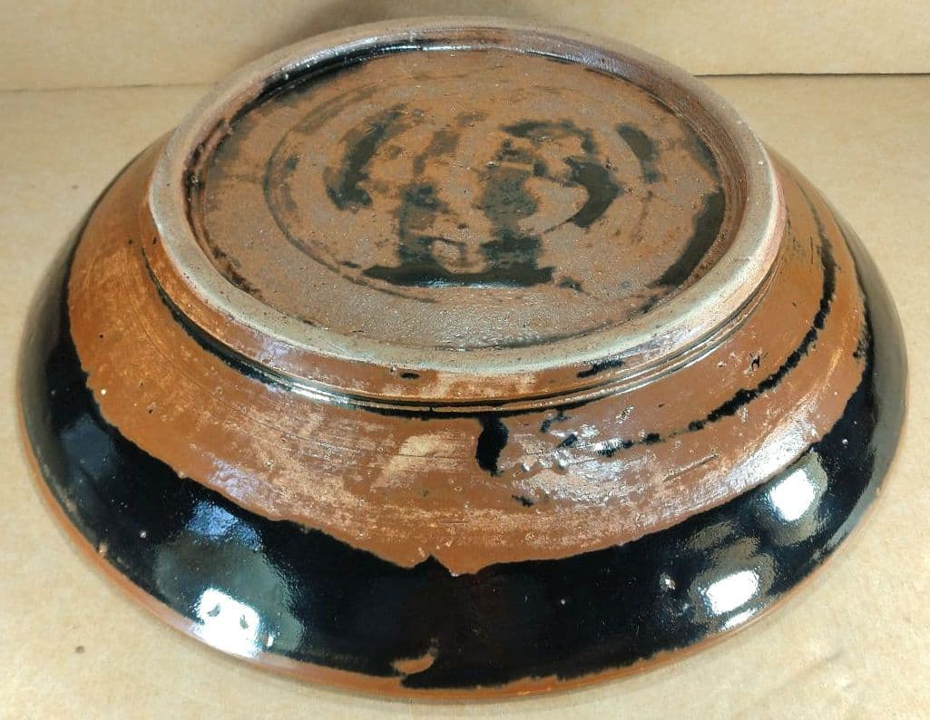 極美品 濱田庄司 黒釉錆流描皿 共箱 毎日オークション出品【本物保証】人間国宝