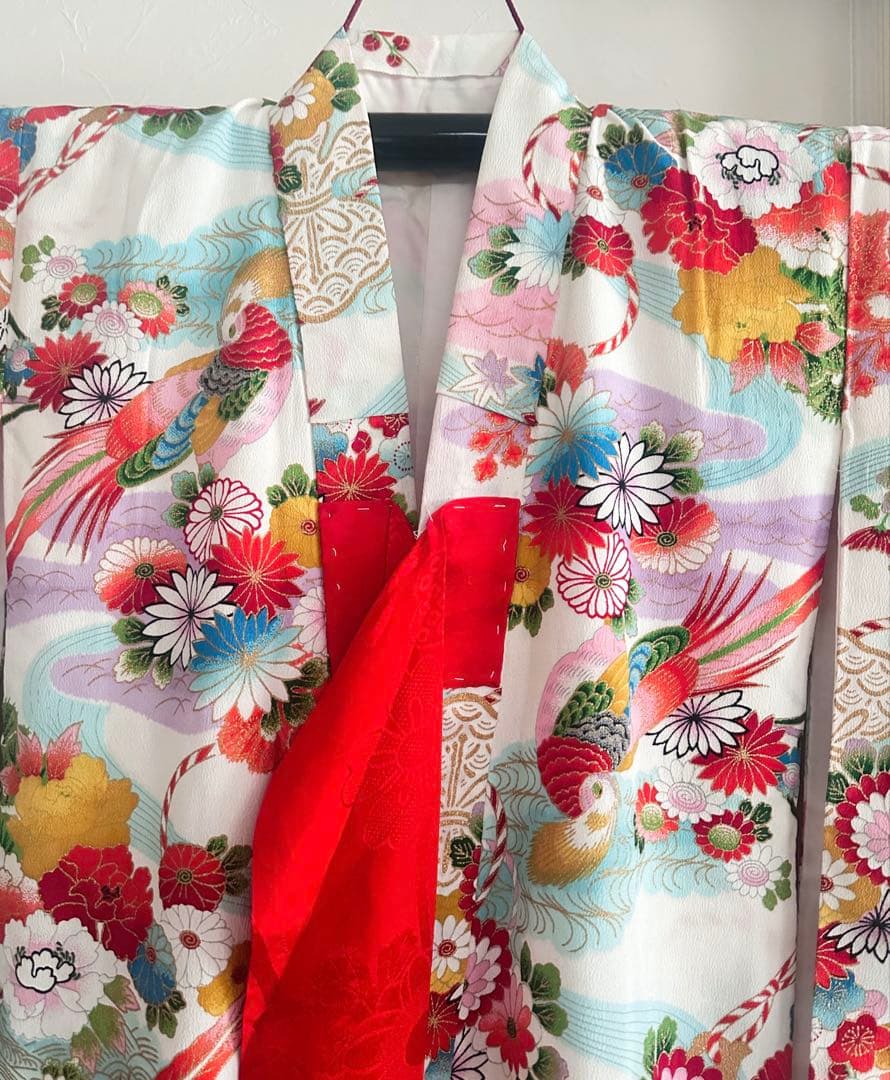 七五三 7歳 四つ身着物 レトロ柄 牡丹 鶴 金彩 美品