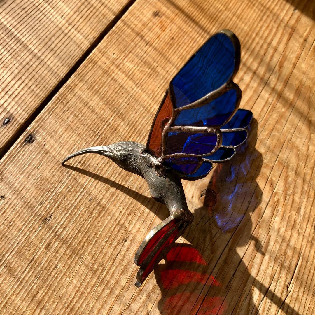 ヴィンテージ　ハチドリ　ハミングバード　アメリカ製　ステンドグラス　モビール　青