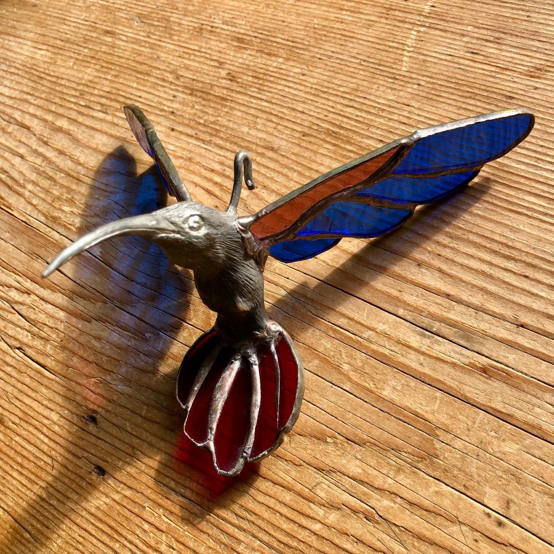 ヴィンテージ　ハチドリ　ハミングバード　アメリカ製　ステンドグラス　モビール　青