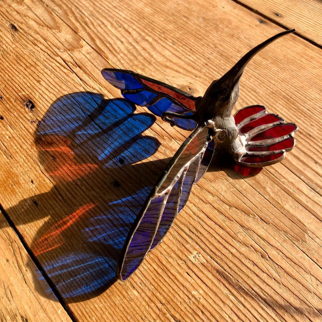 ヴィンテージ　ハチドリ　ハミングバード　アメリカ製　ステンドグラス　モビール　青