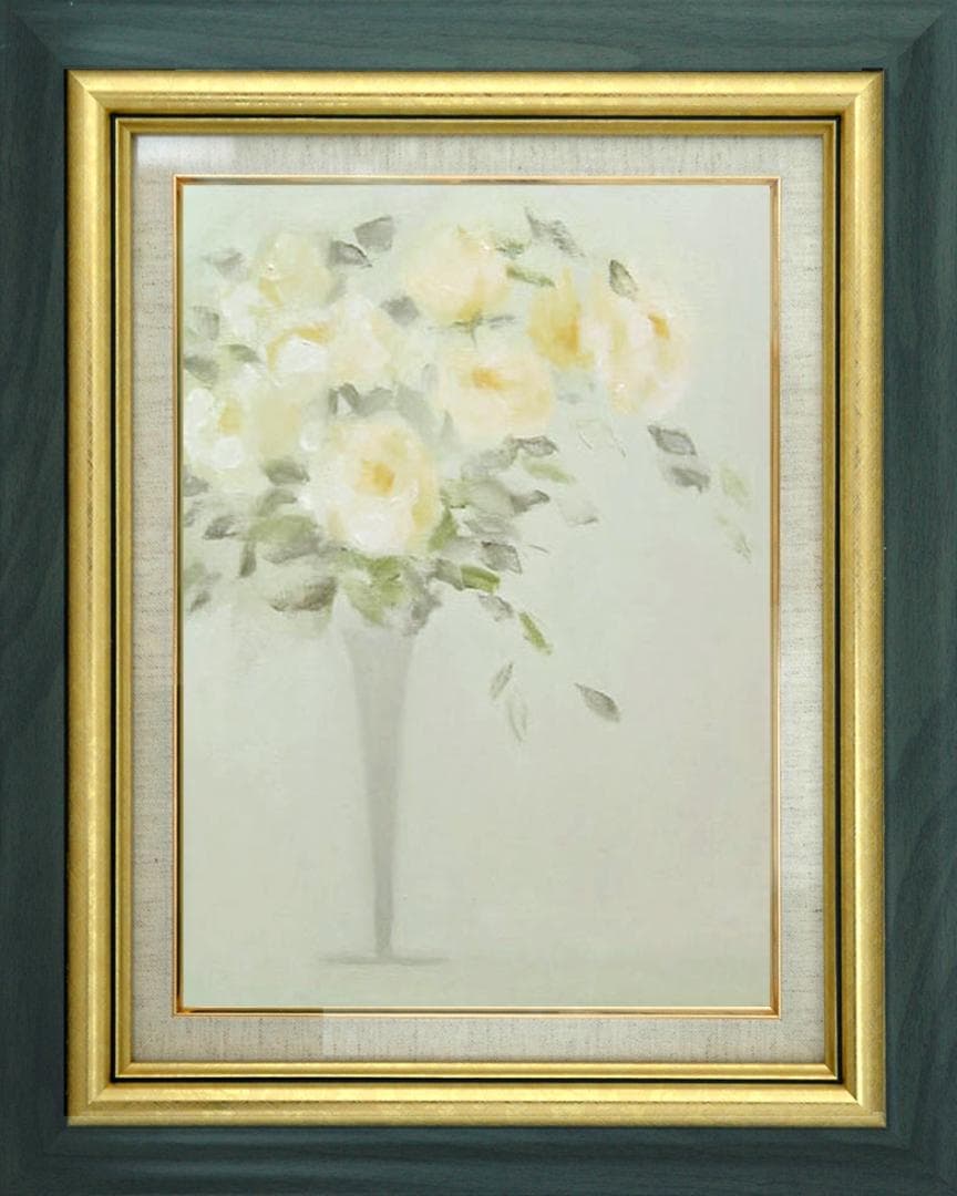 油絵 菅家令子 絵 絵画インテリア 額付(青緑＋金色の枠)uF6-113302花