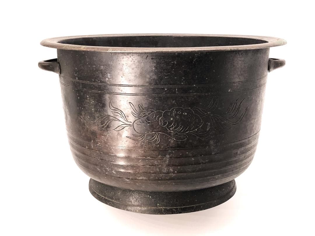 【 銅彫金手付香炉 25cm 】　貝藻文刻　清朝　中華古玩　　L1229A