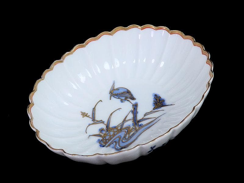 古伊万里　平戸　白磁　葦に鷺の図　輪花変形皿　５客　D950AS-BNx