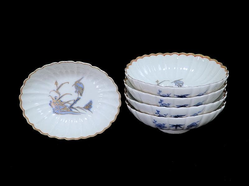 古伊万里　平戸　白磁　葦に鷺の図　輪花変形皿　５客　D950AS-BNx