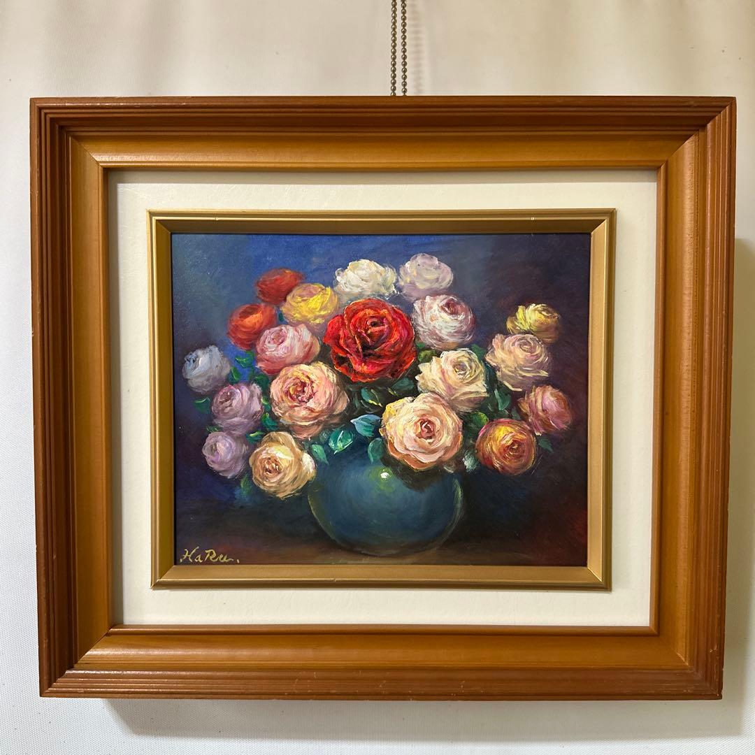 薔薇の花　肉筆　油彩　絵画　美術品　インテリア　真作　静物画　作家証明書付き