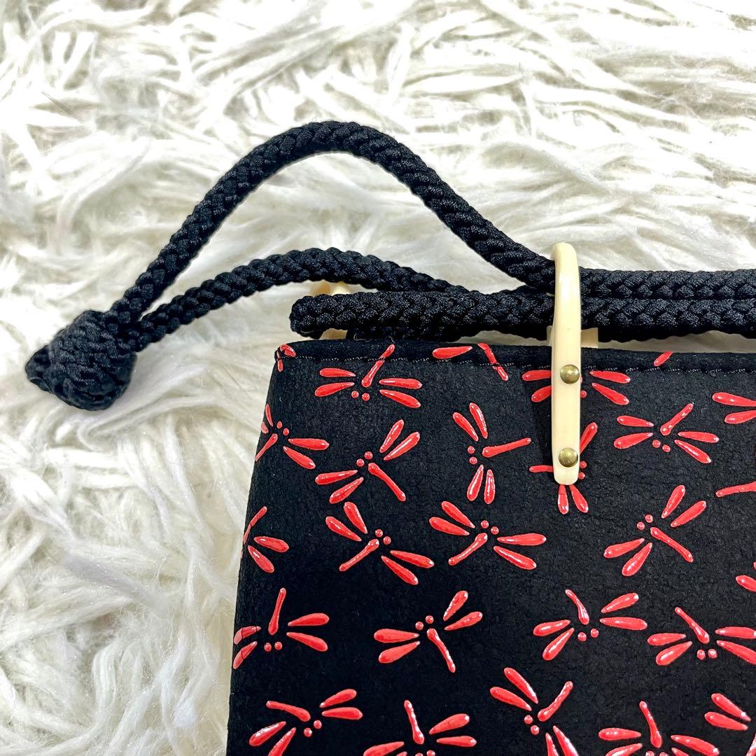 甲州印伝 印傳屋 合切袋 黒鹿革×赤漆 トンボ 巾着 袋 手提 革小物 上原勇七