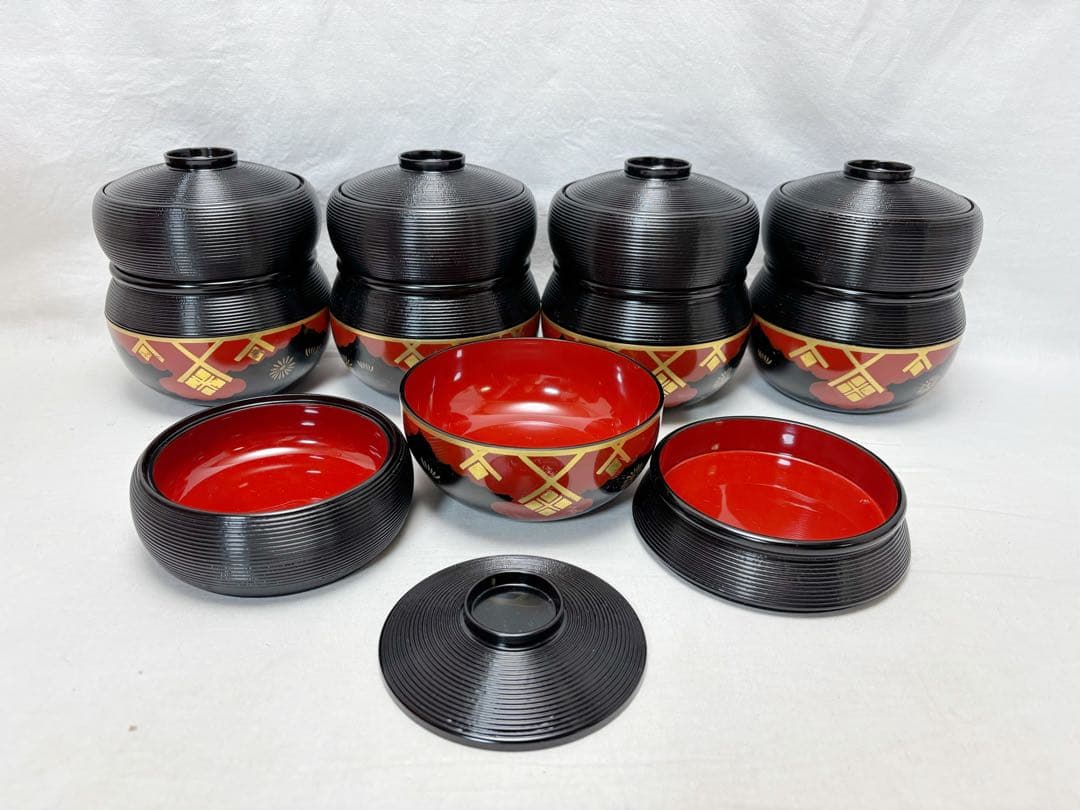 未使用 懐石道具 瓢箪形 信玄弁当 秀衡塗模様 三段弁当箱 千筋内朱五客揃 紙箱