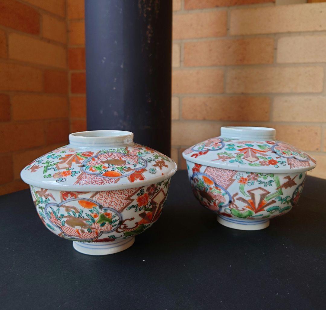 古伊万里　古九谷　江戸時代　鷺絵煮物碗　蓋碗　雑煮碗　染錦　錦彩　手描　色絵金彩