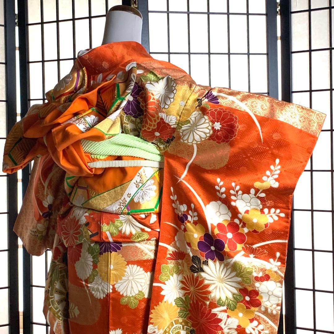 s*m様 【美品】振袖　正絹100% 5点　フルセット　身丈159cm 花車　橙