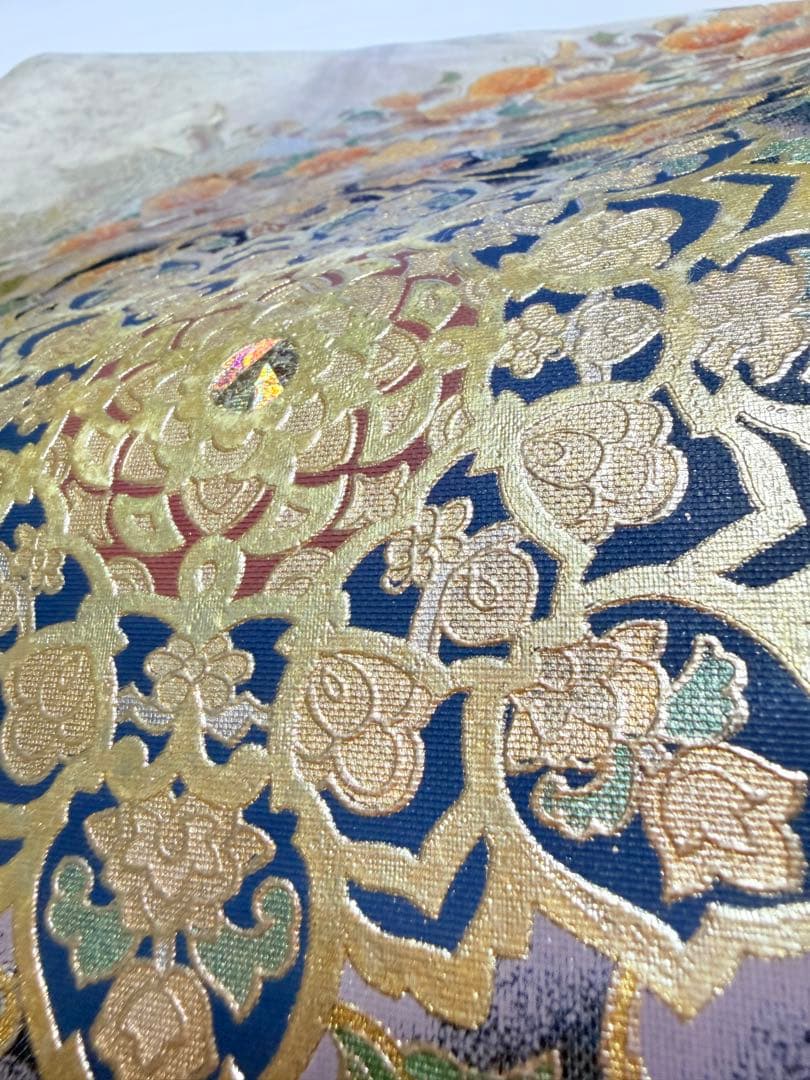 高級 袋帯 正絹 お太鼓柄 シルバー 金彩加工 花文様 ラメ 訪問着 付け下げ