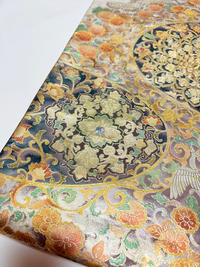 高級 袋帯 正絹 お太鼓柄 シルバー 金彩加工 花文様 ラメ 訪問着 付け下げ