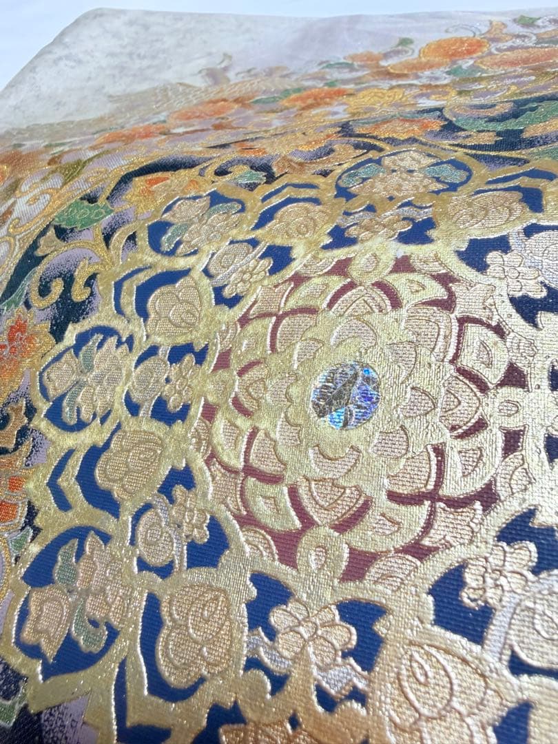 高級 袋帯 正絹 お太鼓柄 シルバー 金彩加工 花文様 ラメ 訪問着 付け下げ